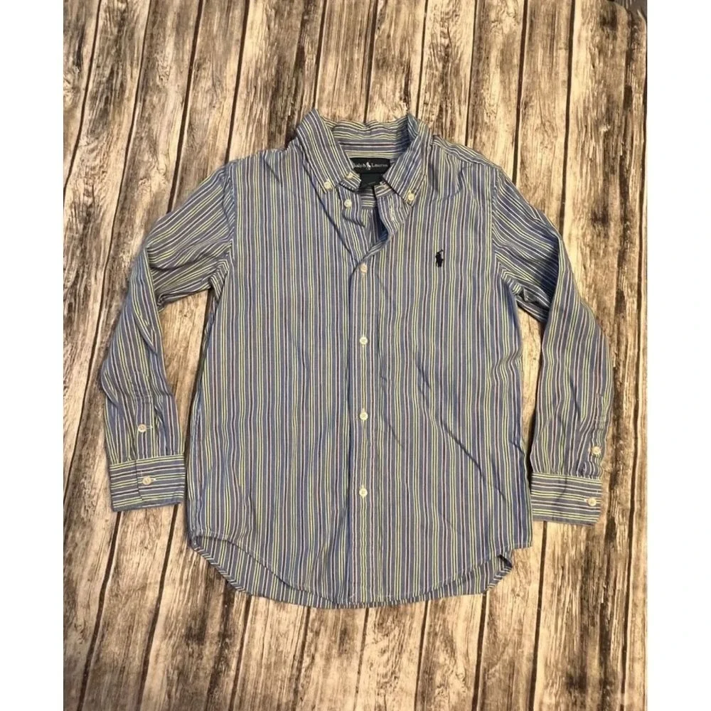 Boys‎ Ralph Lauren blue yellow white striped long sleeve Button Up size 7
